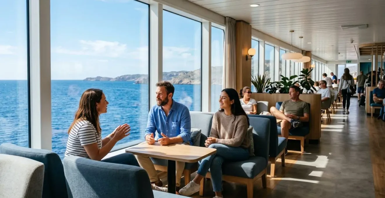 Des passagers installés confortablement dans un espace lounge contemporain de ferry avec de grandes baies vitrées donnant sur la mer