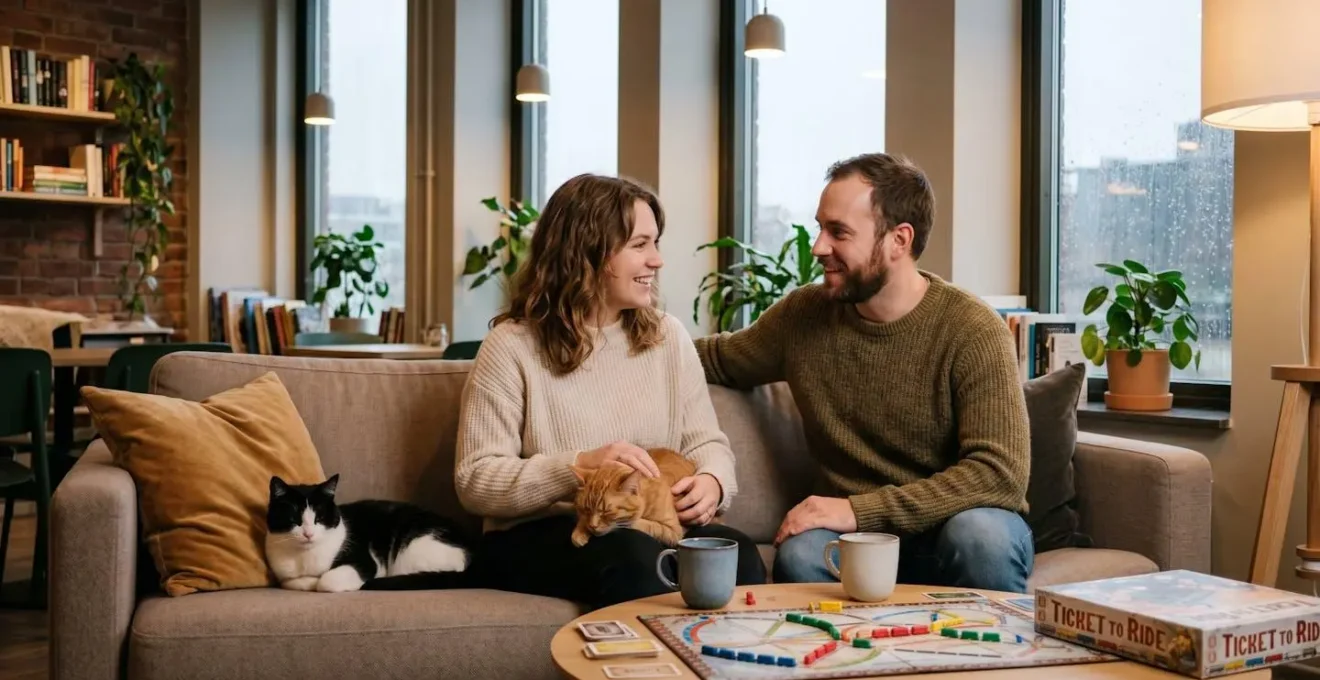 Deux personnes détendues dans un bar à chats chaleureux à Tours, tasses de thé et jeu de société sur table basse, deux chats installés confortablement, pluie visible par la fenêtre