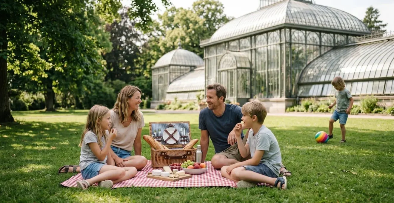 Famille de quatre personnes en pique-nique sur la pelouse du jardin botanique Bretonneau à Tours, avec panier de produits locaux et serres historiques en arrière-plan