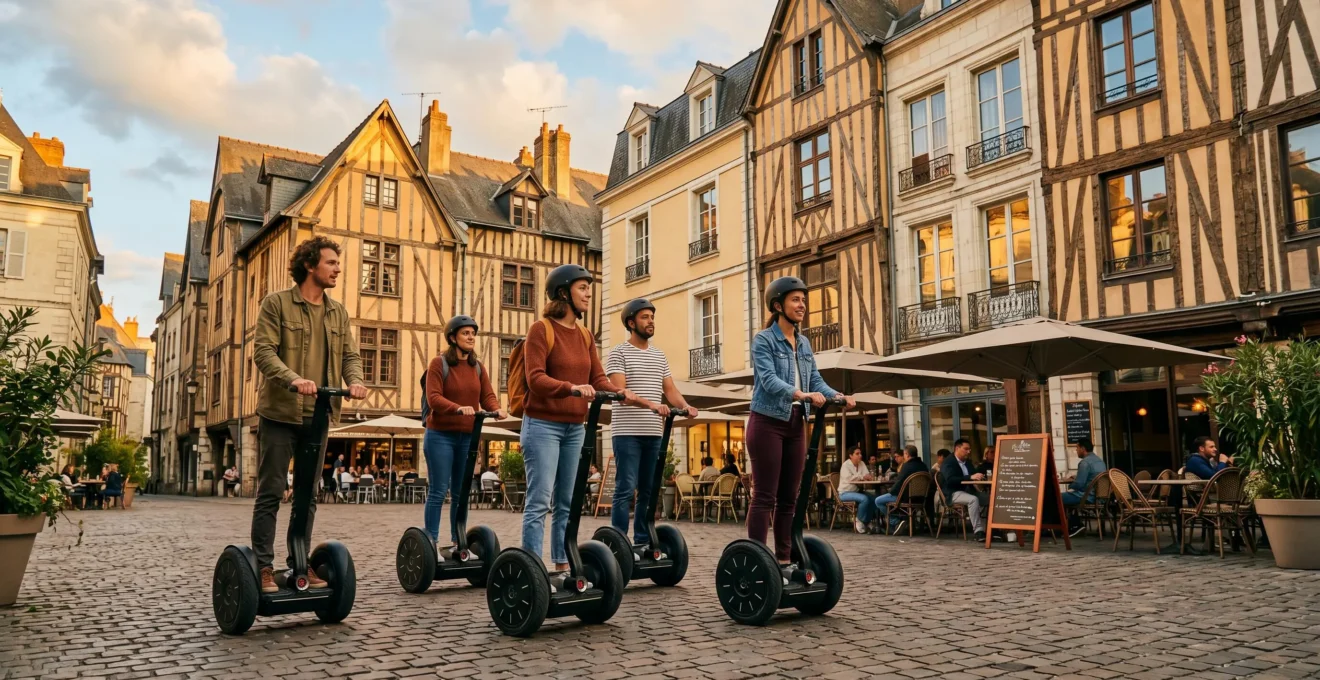 Groupe de jeunes adultes circulant en segway sur la Place Plumereau à Tours, devant les maisons à colombages médiévales colorées, en lumière dorée de fin d'après-midi