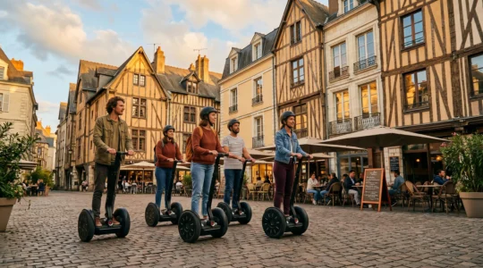 Groupe de jeunes adultes circulant en segway sur la Place Plumereau à Tours, devant les maisons à colombages médiévales colorées, en lumière dorée de fin d'après-midi