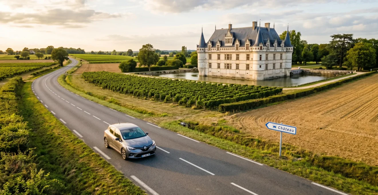 Voiture de location grise circulant sur une route de campagne bordée de vignes en Touraine, avec château Renaissance à tourelles et douves visible en arrière-plan sous lumière dorée
